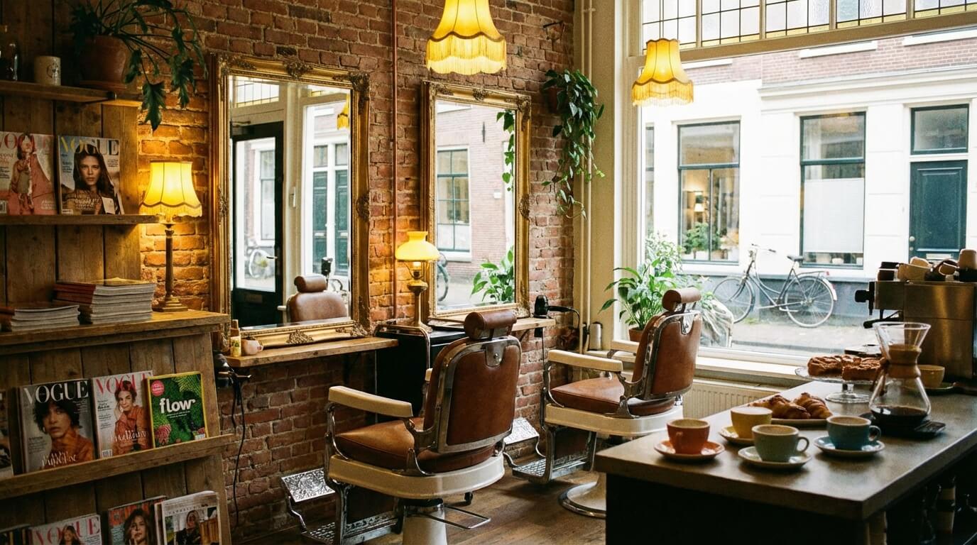 Kapsalon interieur met planten en tijdschriften